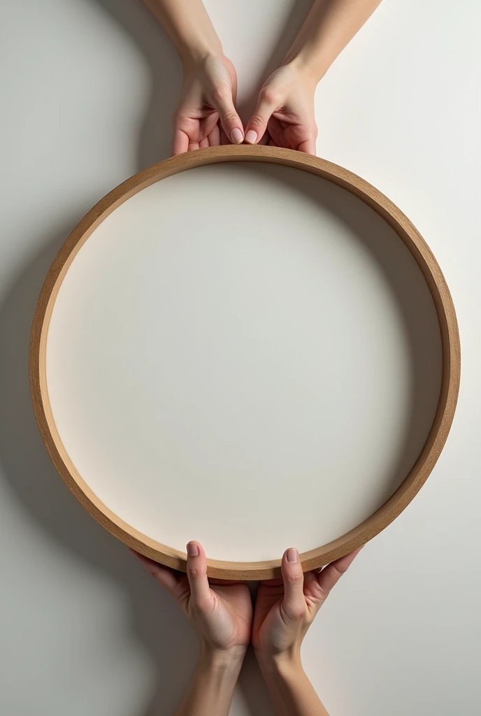 hands holding a round large picture frame