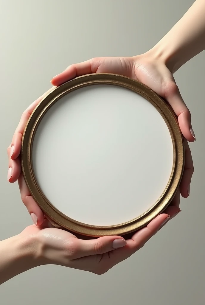 hands holding a round large picture frame