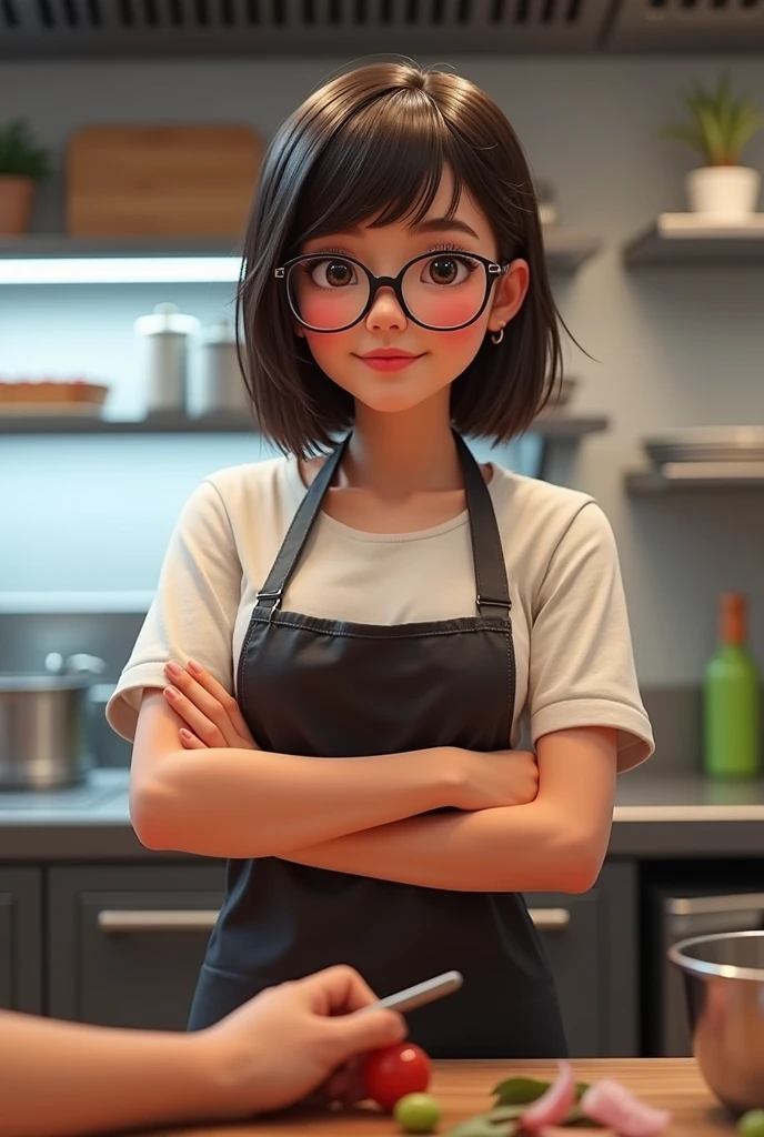 Young female cook, with glasses, with arms crossed, posing and writing "@ahhkitchen" In the bottom left corner