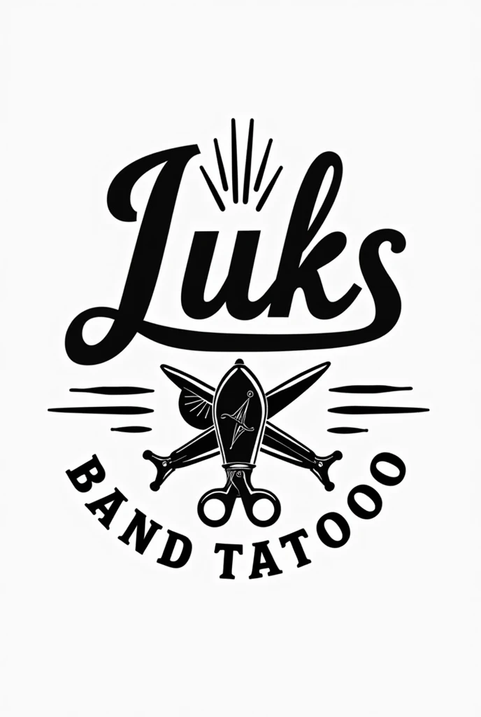Logo for my barbershop and tattoo business with a tattoo machine and scissors as the name "Luks Barber and tattoo" with black and white colors