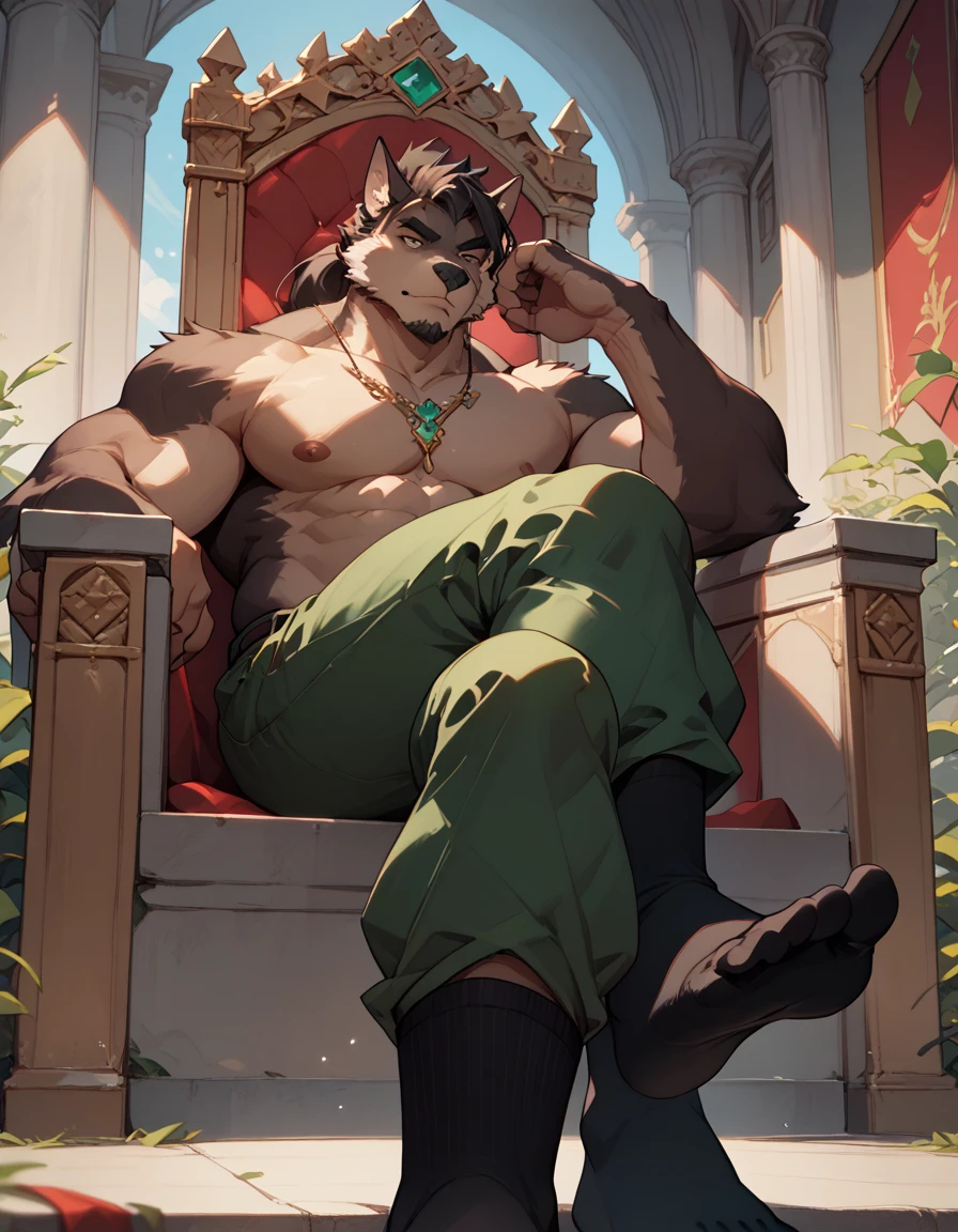 big, furry, muscular male, black wolf, ponytail hair, man, sitting on throne, black socks, green pants, topless, crossed legs, sole visible, foot focus, low angle view