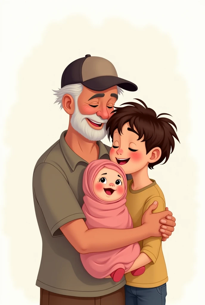 DISNEY-STYLE CARTOON OF LOVING GRANDFATHER IN A CAP WITH AN ADULT MALE GRANDSON AND NEWBORN GRANDAUGHTER IN A PINK DRESS ON A WHITE BACKGROUND