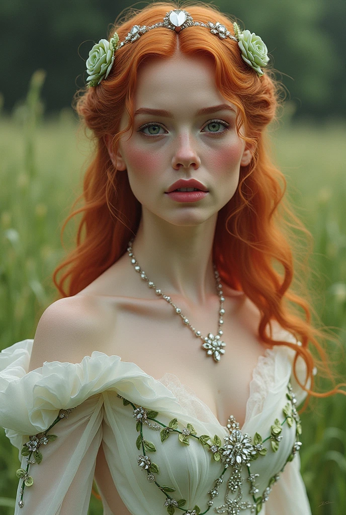 Lady Morgana Tyrell , field protector,the most beautiful woman in Westeros, hair red like a peach, Pele branca como a neve, pink cheeks and mouth, sculptural body, Wearing a white wedding dress, with some light green embroidered roses, with some rhinestone details, full body dress