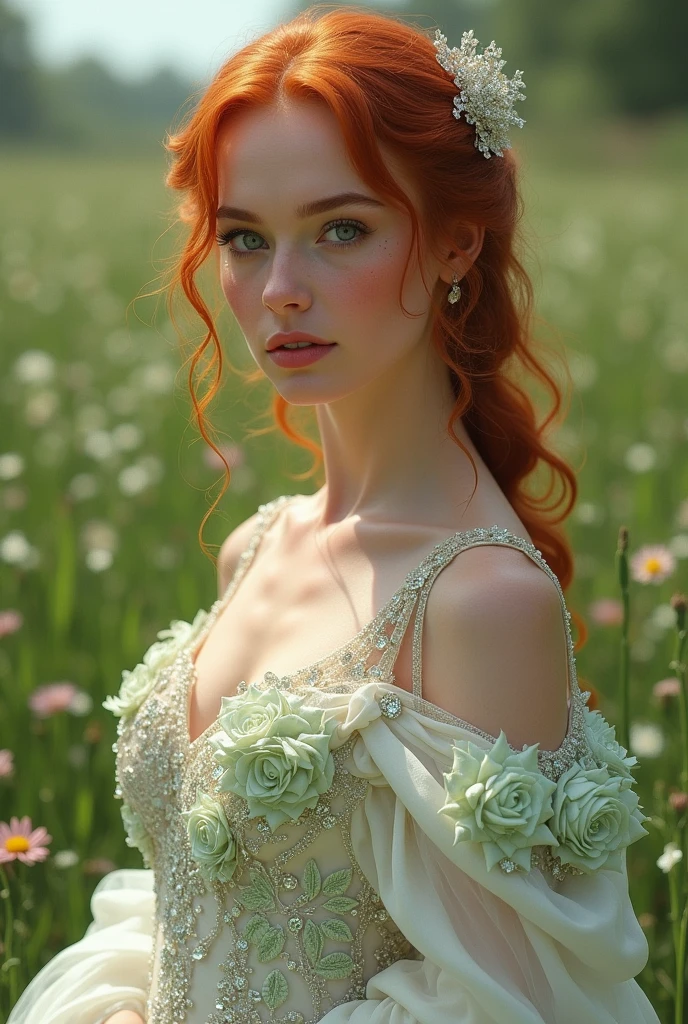 Lady Morgana Tyrell , field protector,the most beautiful woman in Westeros, hair red like a peach, Pele branca como a neve, pink cheeks and mouth, sculptural body, Wearing a white wedding dress, with some light green embroidered roses, with some rhinestone details, full body dress