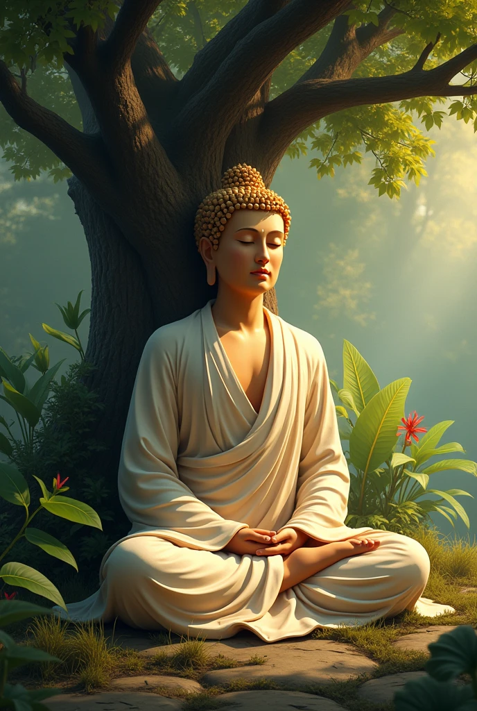 budda, sitting under the tree, meditation, plants in background, realistic, intricate details, warm colors