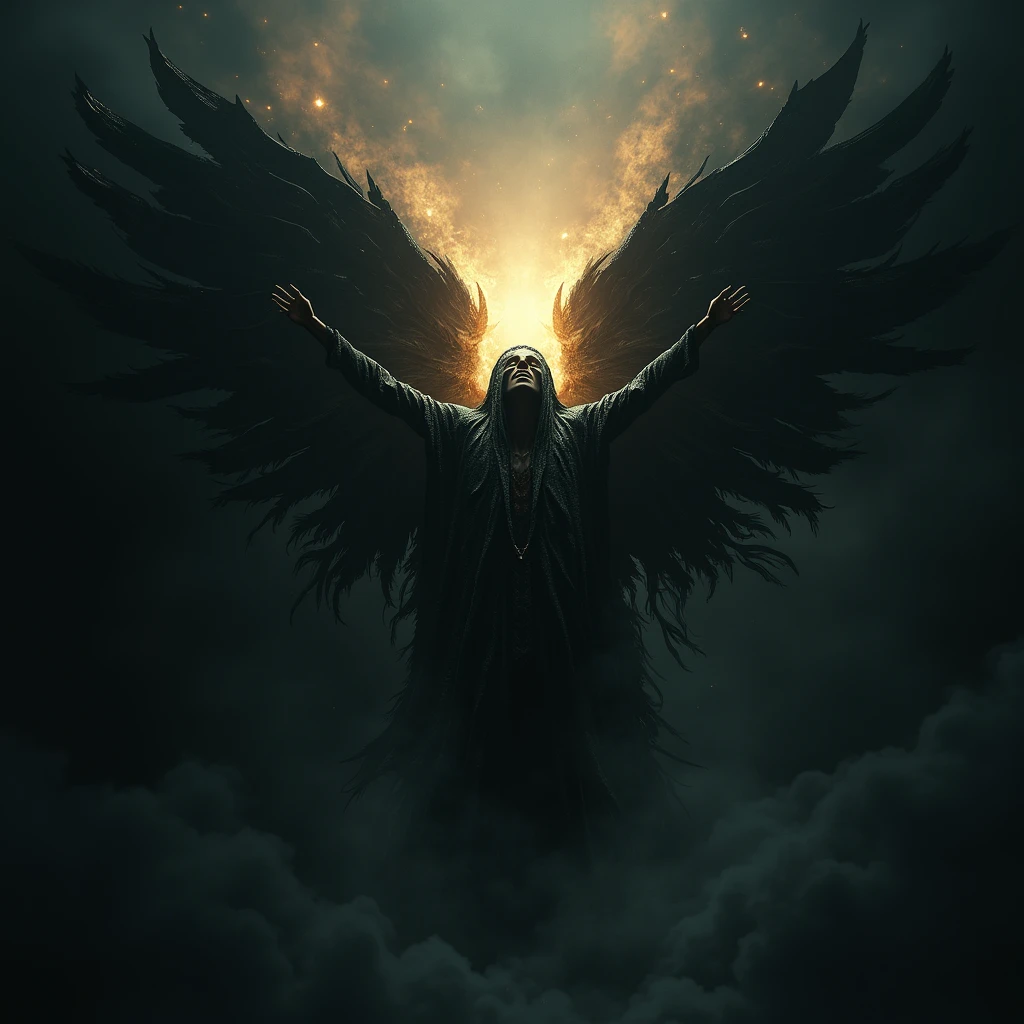A person trapped inside a cocoon of darkness, struggling to break free. Gradually, the cocoon begins to crack, and a radiant, winged creature emerges. The creature soars into the sky, symbolizing their rebirth and liberation from the dominion of darkness.