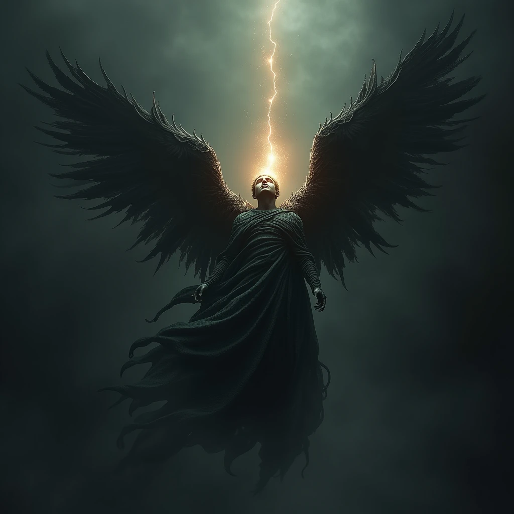A person trapped inside a cocoon of darkness, struggling to break free. Gradually, the cocoon begins to crack, and a radiant, winged creature emerges. The creature soars into the sky, symbolizing their rebirth and liberation from the dominion of darkness.