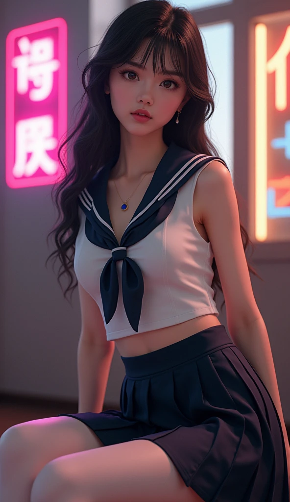ultra realistic 8k cg, picture-perfect face, flawless, clean, masterpiece, professional artwork, famous artwork, perfect face, beautiful face, beautiful eyes, ((perfect female body)), solo,(immersive atmosphere, chiaroscuro:1.5,bright light:1.2,luminous lighting) ,,(blush:0.5),seductive expression,extremely detailed_eyes,thick thighs,large breasts, beautifully detailed background,depth of field,realistic:1.3, long shot,1girl,shirt,pleated skirt, school uniform, sitting, full body, (ambient light:1.3),(cinematic composition:1.3),(neon lights:0.1),(HDR:0.1),Accent Lighting, white pantyhose,