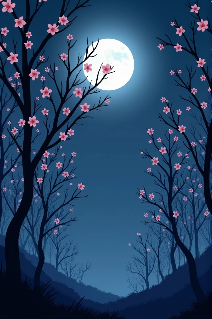 Create a serene night scene featuring the silhouettes of tall, delicate tree branches with small pink blossoms scattered across them. The sky is dark, illuminated by a large, glowing full moon that casts a soft light over the scene. The branches are sparse yet gracefully intertwined, with tiny pink blossoms adding a touch of color against the deep, tranquil night sky."