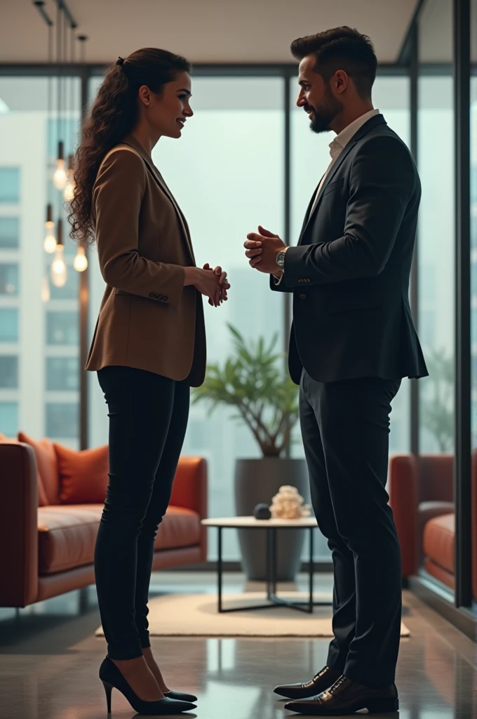 create two successful entrepreneurs looking at each other, as if they were talking