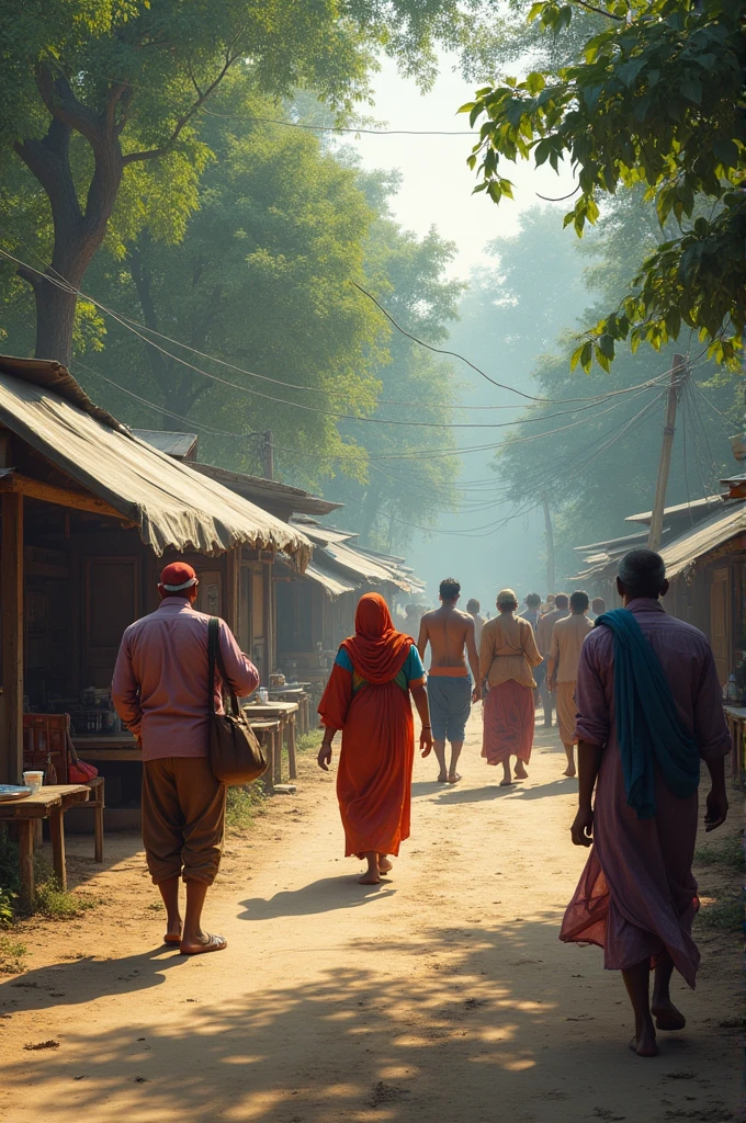 In village small market there so many got were eating garss on rode side and one desi women coming to sell ice cream 5m men were waiting to buy ice cream from her and 2 old men going back home from jungle