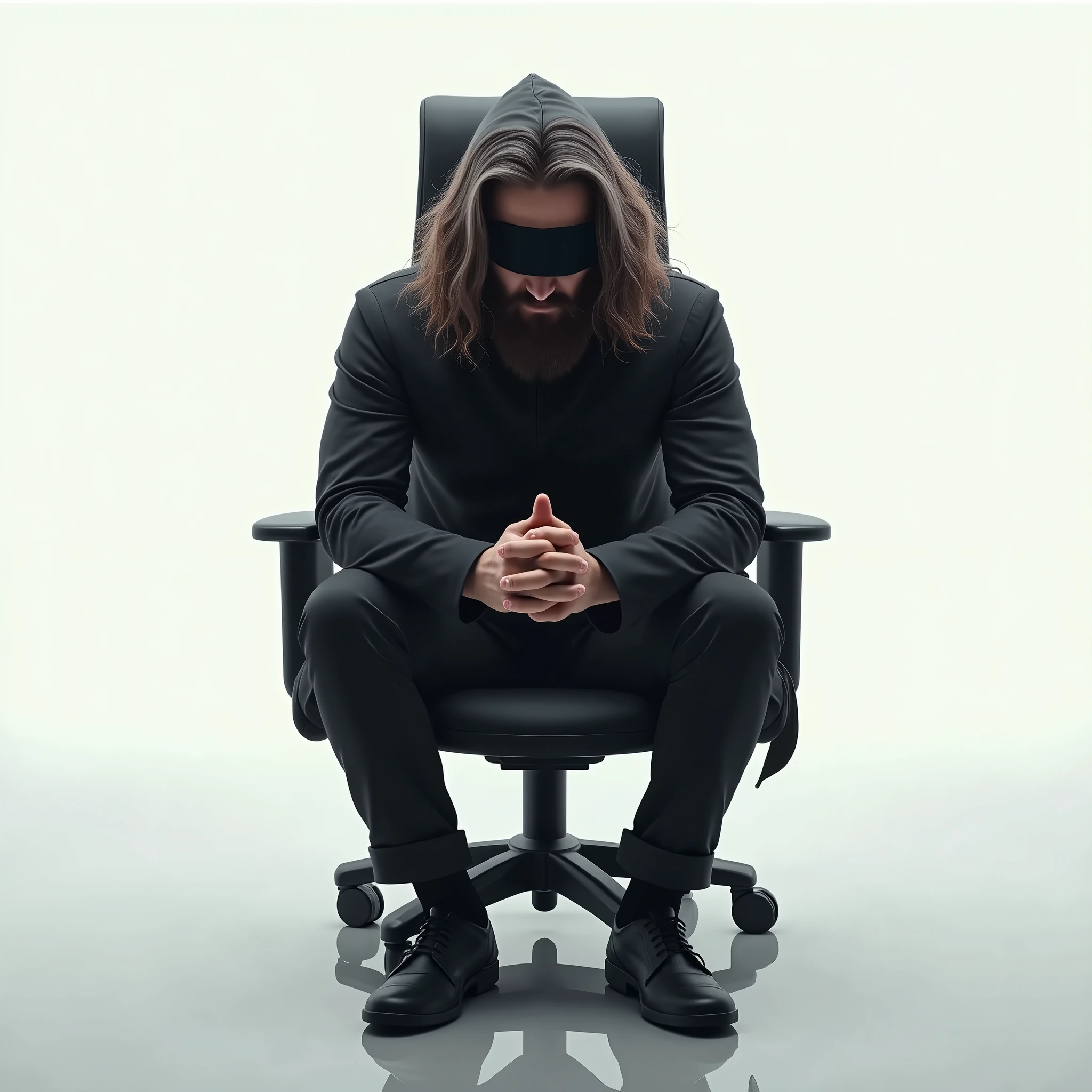 A man with long wavy hair, with a medium beard of brown color, almost white, with a black blindfold on. He is wearing a simple outfit with a hood on his head., sitting in an office chair in a white room and with hands clasped closed with making a reflection.