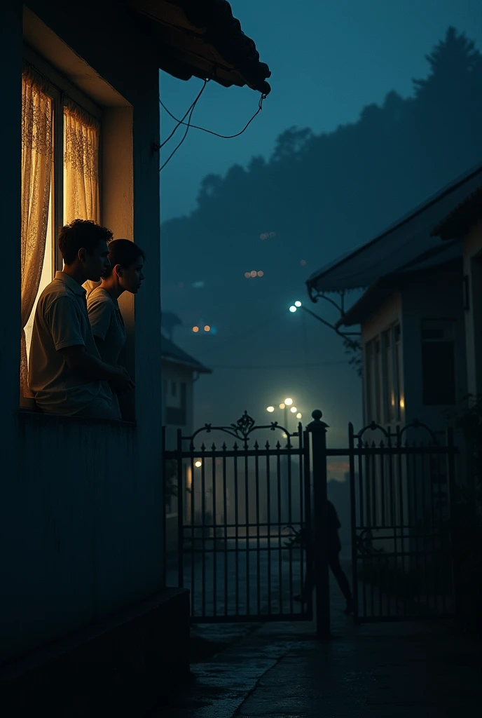 create cinematic, photo realistic film poster of a man and his wife peeping through curtain of a first floor window to someone outside at the gate, down below, Darjeeling at night, outskirts
