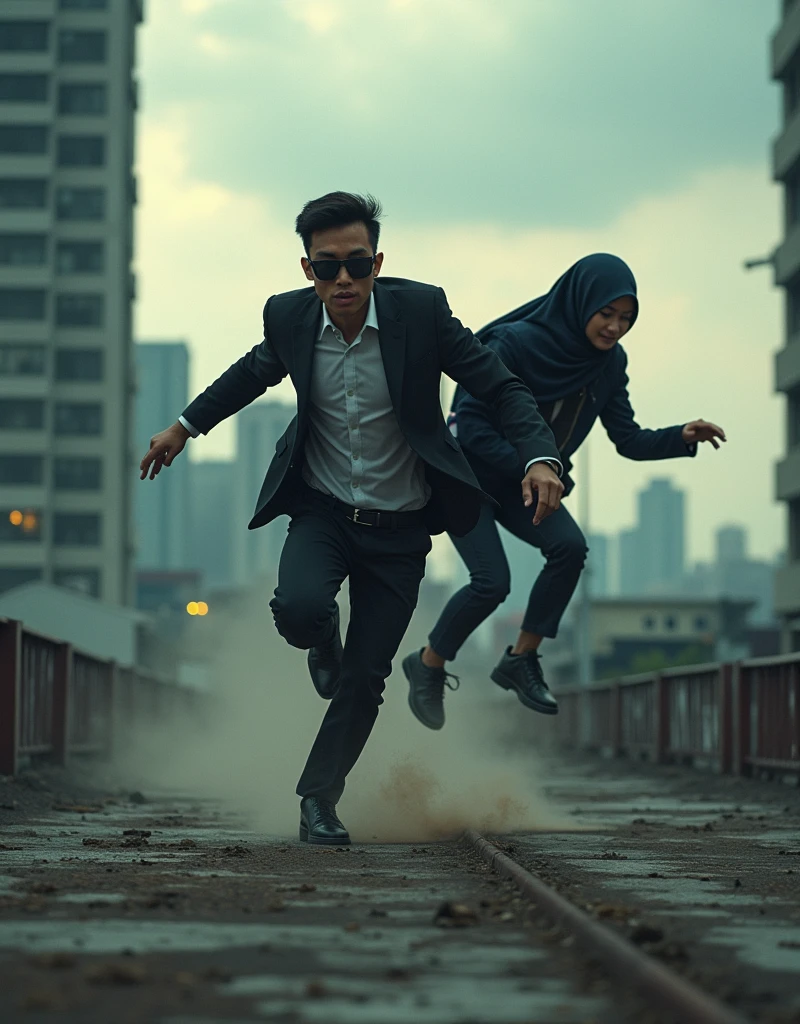 Create a film still with a indonesian young man sunglasses with indonesian girl hijab, glasses leaping across a rooftop in a high-octane action scene, reminiscent of 'Mission: Impossible.' Use a wide-angle lens and intense lighting to capture the tension and excitement, photo taken using Panavision DXL2, 28mm lens, Establishing shot, muted color grading, cinemascope, drama, high quality, ultra detailed, 8k resolution, hyper - realistic photography,