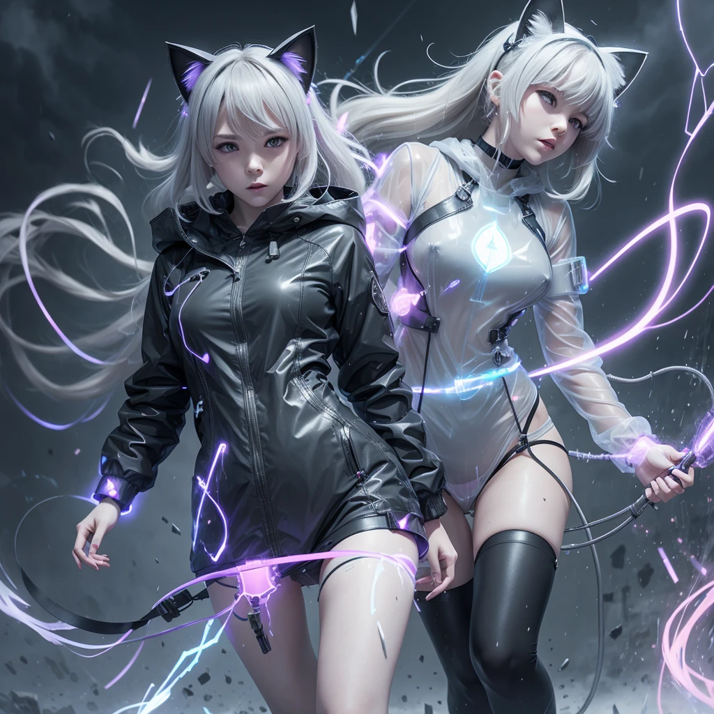 Electric Neko Girl

heavy rain, grey clouds create a blurred image of a transparent full length ghost girl, cat ears, sparkling with electric discharges