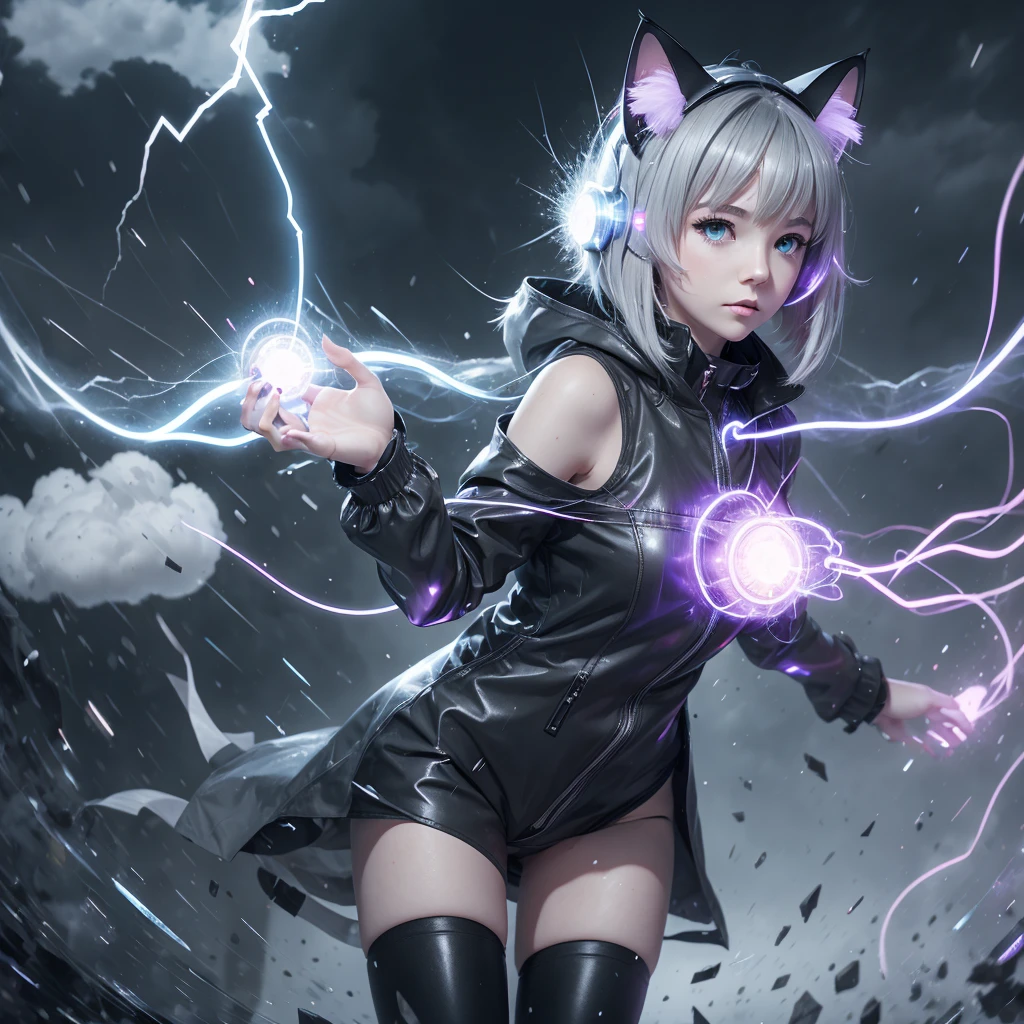 Electric Neko Girl

heavy rain, grey clouds create a blurred image of a transparent full length ghost girl, cat ears, sparkling with electric discharges