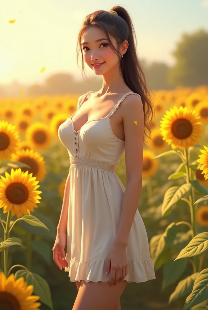 cute、ponytail、White dress、Big Breasts、slender、Beautiful feet、Sunflower field、smile