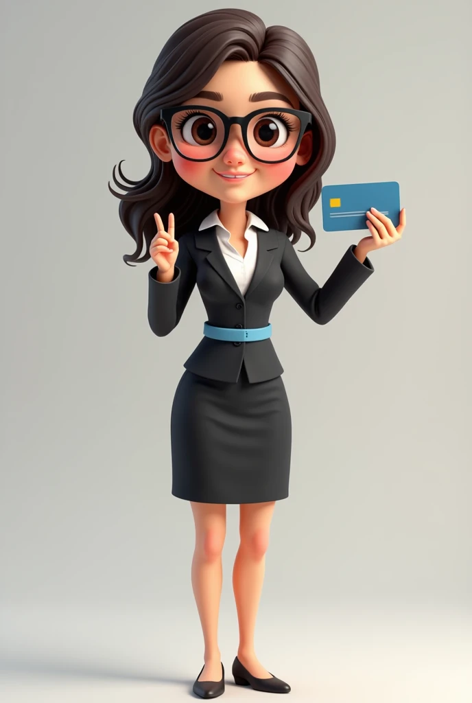 A full body 3D cartoon character. She has a friendly and charismatic appearance. The character is a young woman with fair skin, loose dark brown hair, thick eyebrows, large brown eyes and wears glasses. She is smiling confidently. The character is dressed formally, wearing a black dress with a blue sash at the waist. She is holding a credit card sign in her hand. Your posture and relaxed posture suggest confidence and ease. The background of the image is neutral, which highlights the character even more.
