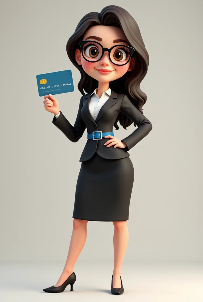 A full body 3D cartoon character. She has a friendly and charismatic appearance. The character is a young woman with fair skin, loose dark brown hair, thick eyebrows, large brown eyes and wears glasses. She is smiling confidently. The character is dressed formally, wearing a black dress with a blue sash at the waist. She is holding a credit card sign in her hand. Your posture and relaxed posture suggest confidence and ease. The background of the image is neutral, which highlights the character even more.