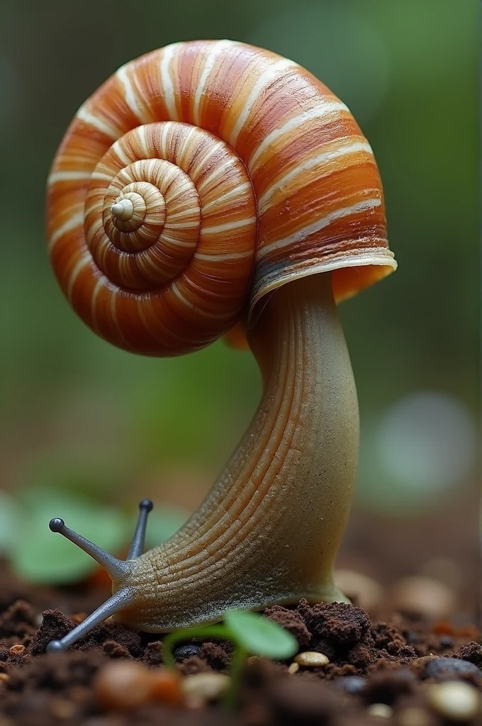anthropoturnic caracol Liguus virgineus , This impressive snail has a very colorful and distinctive conical shell., extremely beautiful. magical, Human head of a 2 redhead French style model girl, neck growing from the ground, snail Liguus virgineus neck cream, turn, fall, realism fotográfico, 4k,realism