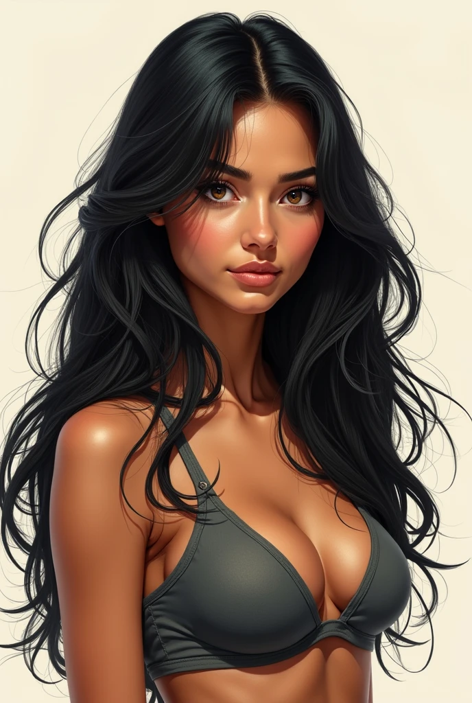 An adventurous avatar drawn of a skinny woman size 1.53 tall, long black hair, brown color brunette style, Brazilian, well filled eyebrow, very dark brown eyes, almost black, slightly sharp nose and well-shaped mouth, but normal size