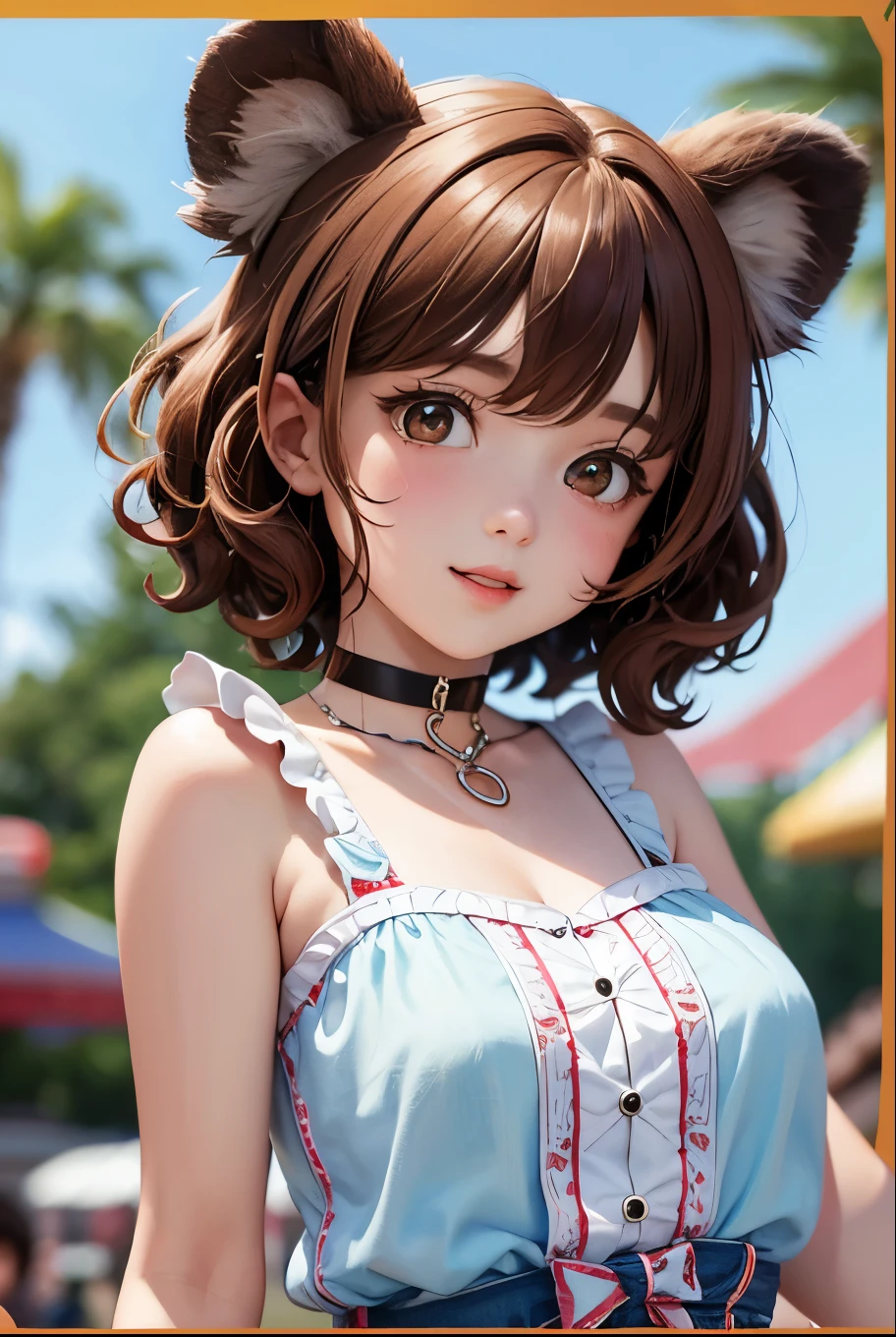 Top quality, highly detailed, UHD, idol, playing at an amusement park, cute and beautiful anthropomorphic koala girl with brown curly bob hair wearing a heart-shaped choker, casual clothes