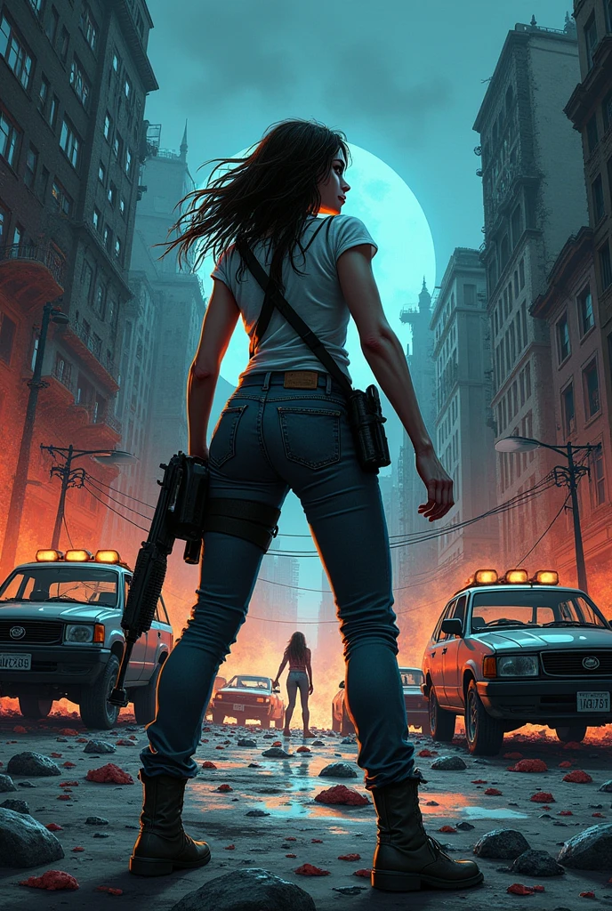 Destroyed cities zombie apocalypse full of zombies and several cars scattered with an armed woman in the middle half of the body night comic book