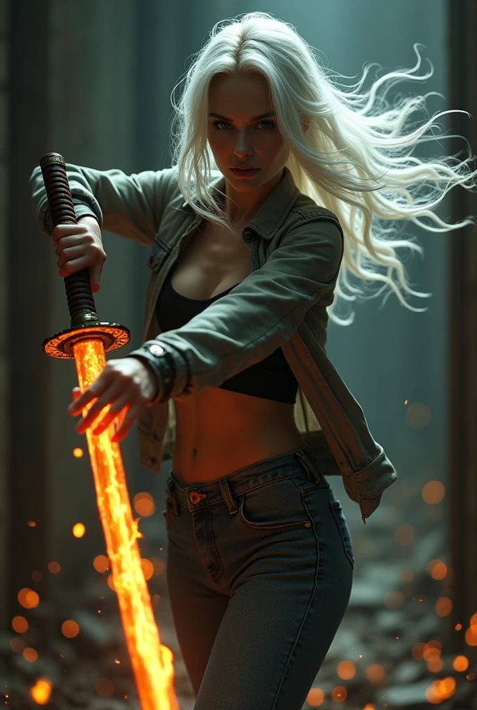 A detailed, highly realistic horror scene with a beautiful female protagonist with white hair, ivory skin, holding a katana with gold flames, wearing street clothes in a strong, dramatic pose, (best quality,4k,8k,highres,masterpiece:1.2),ultra-detailed,(realistic,photorealistic,photo-realistic:1.37),female protagonist,white hair,ivory skin,katana with gold flames,street clothes,jeans,jacket,strong pose,dramatic,horror,cinematic lighting,moody,dark atmosphere