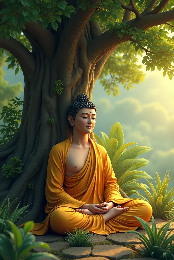 budda, sitting under the tree, meditation, plants in background, realistic, intricate details, warm colors