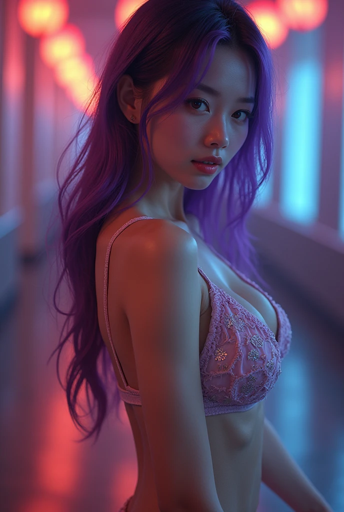 (Very detailed CG unity 8K wallpaper），best qualtiy，cinmatic lighting，detailed back ground，((best quality)), ((masterpiece)), (detailed), NSFW, small breasts, prominent collarbones, skinny arms, flat and toned stomach, visible hip bones, full body, long hair, purple hair, Realistic Shadows, Detailed skin, Very small breasts, Very detailed, highly detailed face, Perfect face shape, Perfect lips, Perfect nose, Correct beautiful eyes, Watching Viewer, Best Quality, Single korean Girl, wearing mini skirt,showing skin,show face,deep cleavage,thin waist,slim silhouette,thin thighs,very beautiful face,photorealistic,ultra quality,
