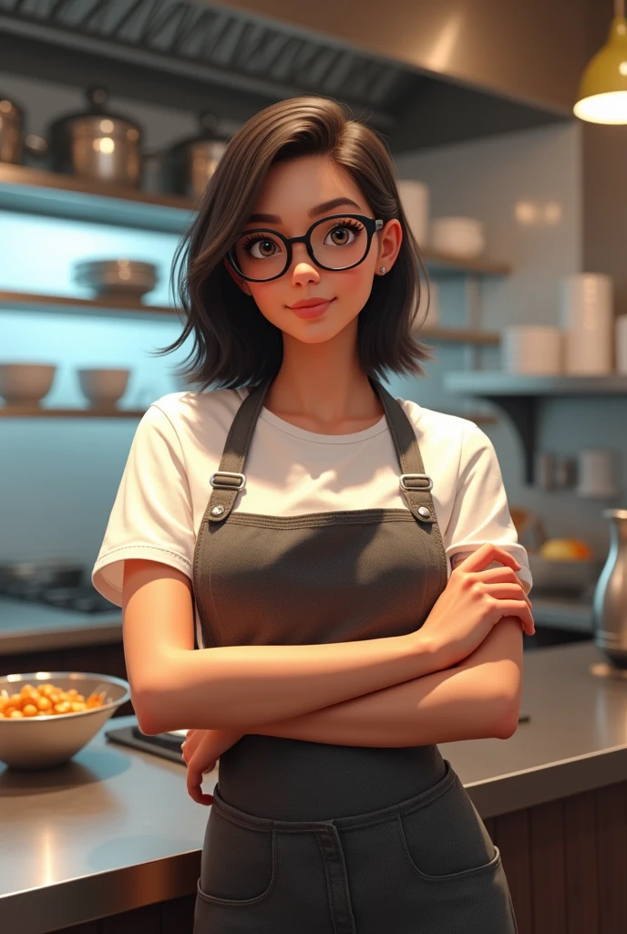 Young female cook, with glasses, with arms crossed, posing and writing "@ahhkitchen" In the bottom left corner