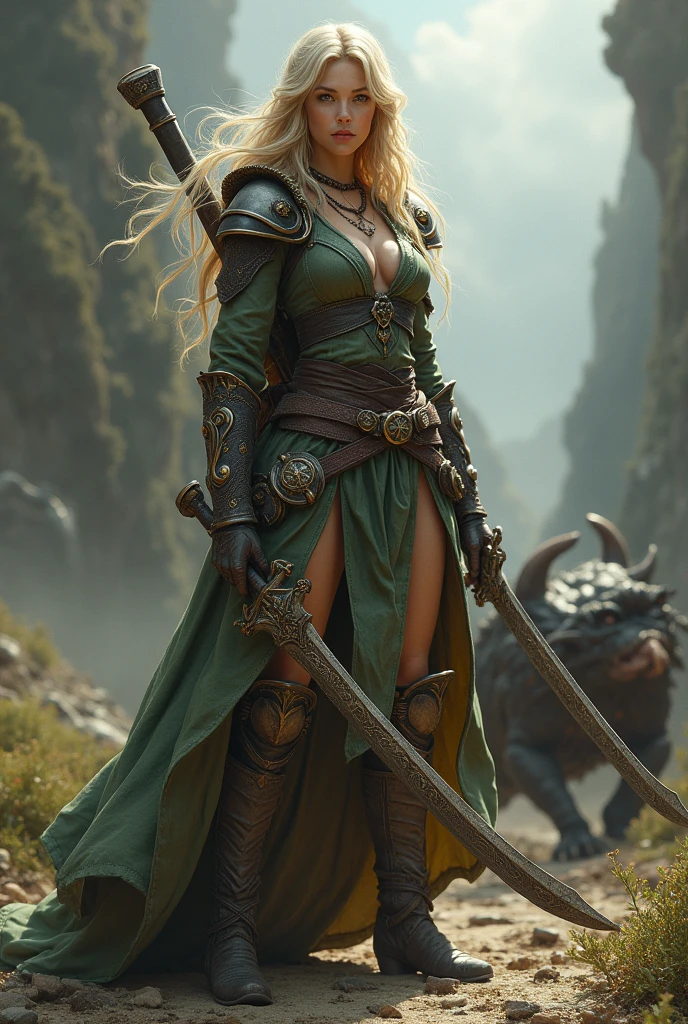 Create a monster hunter character, very pretty blonde with green eyes, she has a sword and a gun