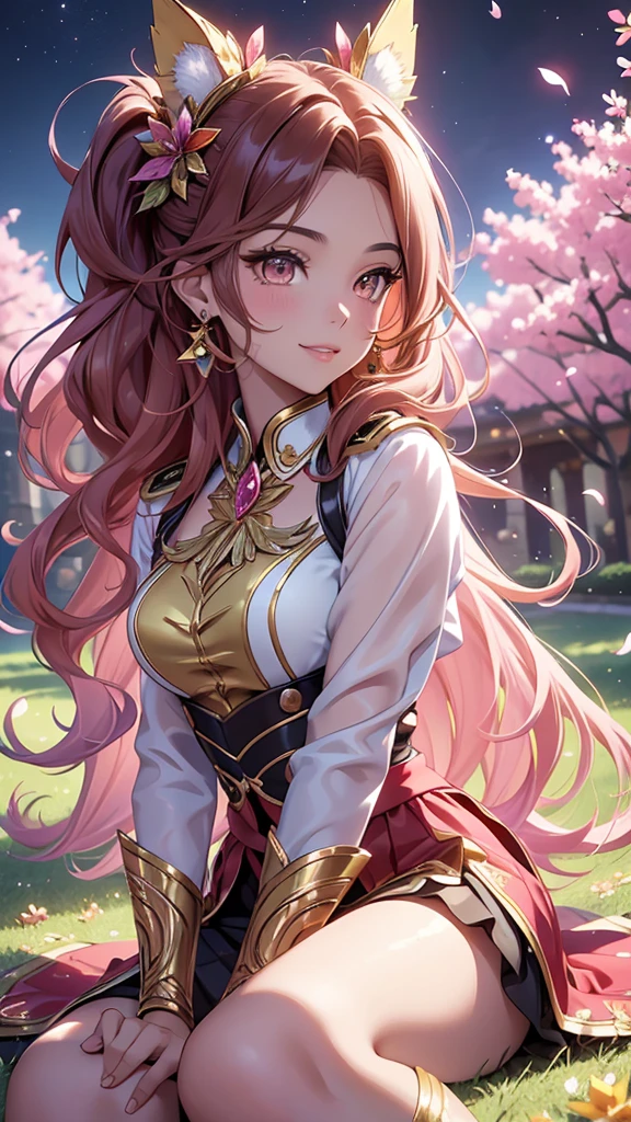 (best quality,4k,8k,highres,masterpiece:1.2),ultra-detailed,(realistic,photorealistic,photo-realistic:1.37),acrylic painting,beautiful Brazilian model in a uniform outfit red and gold with downy hair,beautiful Brazilian model with extremely colorful brown hair and detailed facial features,beautiful Brazilian model standing in a beautiful garden surrounded by a starry sky,pink hair,beautiful Brazilian model wearing a vibrant rose pinkl and gold uniform outfit,beautiful Brazilian model with intricate accessories,cat ears, ,beautiful Brazilian model with long flowing twintails,beautiful Brazilian model with bright brown eyes and rosy lips,beautiful Brazilian model with a joyful expression,beautiful Brazilian model in a dynamic pose with cherry blossoms falling around her,beautiful Brazilian model surrounded by colorful flowers and butterflies,beautiful Brazilian model's school uniform outfit adorned with cute bows and lace details red and gold,beautiful Brazilian model with an enchanting smile,beautiful Brazilian model with soft, pastel-colored shading,beautiful Brazilian model with a magical glow illuminating her,beautiful Brazilian model in a picturesque setting with a winding path leading to a magnificent castle,beautiful Brazilian model with a fairytale-like background,beautiful Brazilian model with a soft, dreamy atmosphere,beautiful Brazilian model with a subtle bokeh effect,beautiful Brazilian model standing under a sunny sky,beautiful Brazilian model with a warm, golden sunset in the background,beautiful Brazilian model surrounded by twinkling stars and colorful nebulae,creating an ethereal and captivating artistic masterpiece, sitting down, facing camera, uniform outfit genshin 