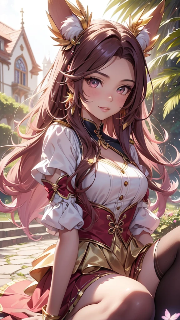 (best quality,4k,8k,highres,masterpiece:1.2),ultra-detailed,(realistic,photorealistic,photo-realistic:1.37),acrylic painting,beautiful Brazilian model in a uniform outfit red and gold with downy hair,beautiful Brazilian model with extremely colorful brown hair and detailed facial features,beautiful Brazilian model standing in a beautiful garden surrounded by a starry sky,pink hair,beautiful Brazilian model wearing a vibrant rose pinkl and gold uniform outfit,beautiful Brazilian model with intricate accessories,cat ears, ,beautiful Brazilian model with long flowing twintails,beautiful Brazilian model with bright brown eyes and rosy lips,beautiful Brazilian model with a joyful expression,beautiful Brazilian model in a dynamic pose with cherry blossoms falling around her,beautiful Brazilian model surrounded by colorful flowers and butterflies,beautiful Brazilian model's school uniform outfit adorned with cute bows and lace details red and gold,beautiful Brazilian model with an enchanting smile,beautiful Brazilian model with soft, pastel-colored shading,beautiful Brazilian model with a magical glow illuminating her,beautiful Brazilian model in a picturesque setting with a winding path leading to a magnificent castle,beautiful Brazilian model with a fairytale-like background,beautiful Brazilian model with a soft, dreamy atmosphere,beautiful Brazilian model with a subtle bokeh effect,beautiful Brazilian model standing under a sunny sky,beautiful Brazilian model with a warm, golden sunset in the background,beautiful Brazilian model surrounded by twinkling stars and colorful nebulae,creating an ethereal and captivating artistic masterpiece, sitting down, facing camera, uniform outfit genshin