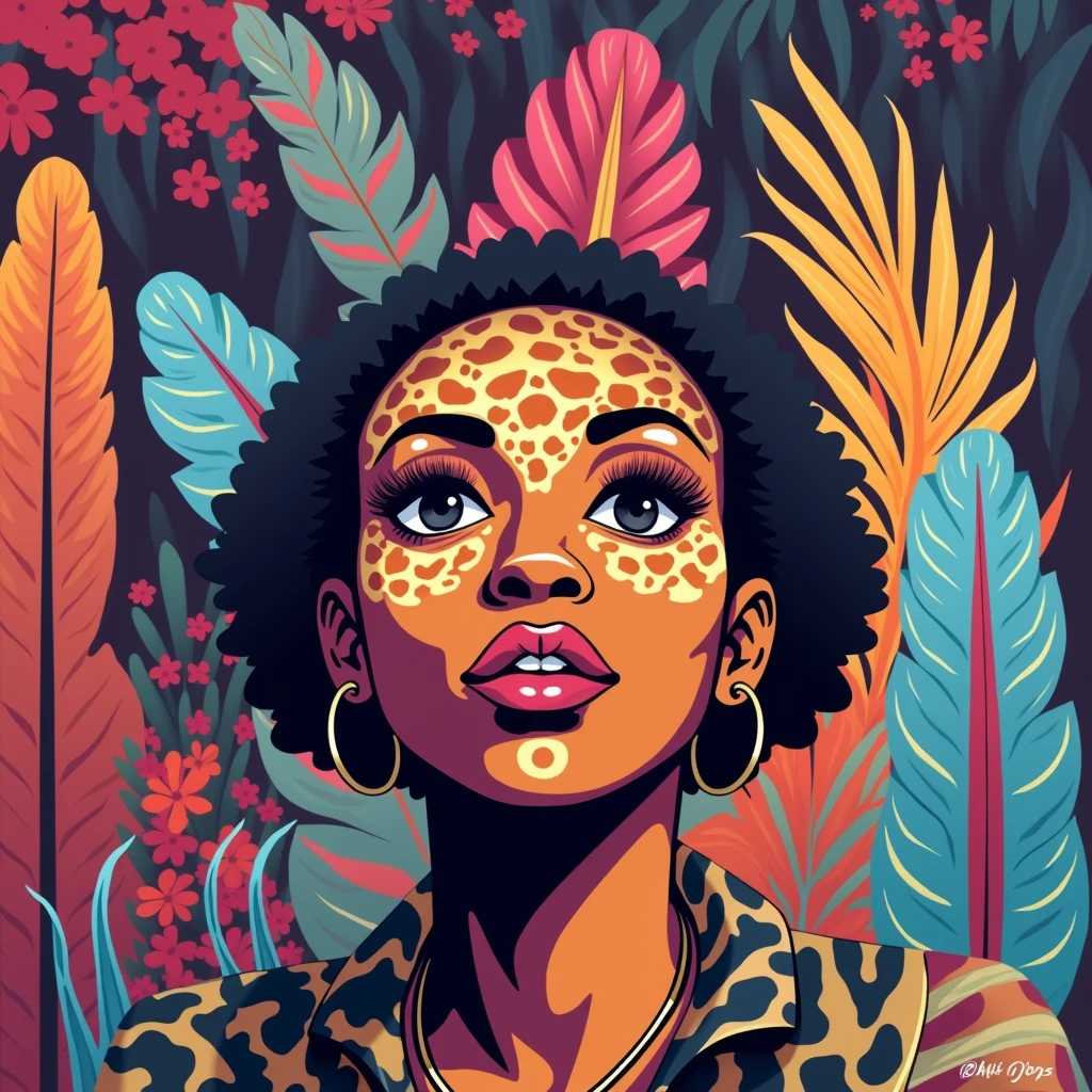 Jaguar with black woman and cayenne flowers and banana leaves