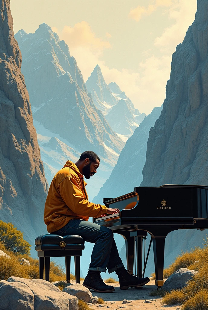 a fat black man sitting playing a piano in the middle of a mountain, drawing style