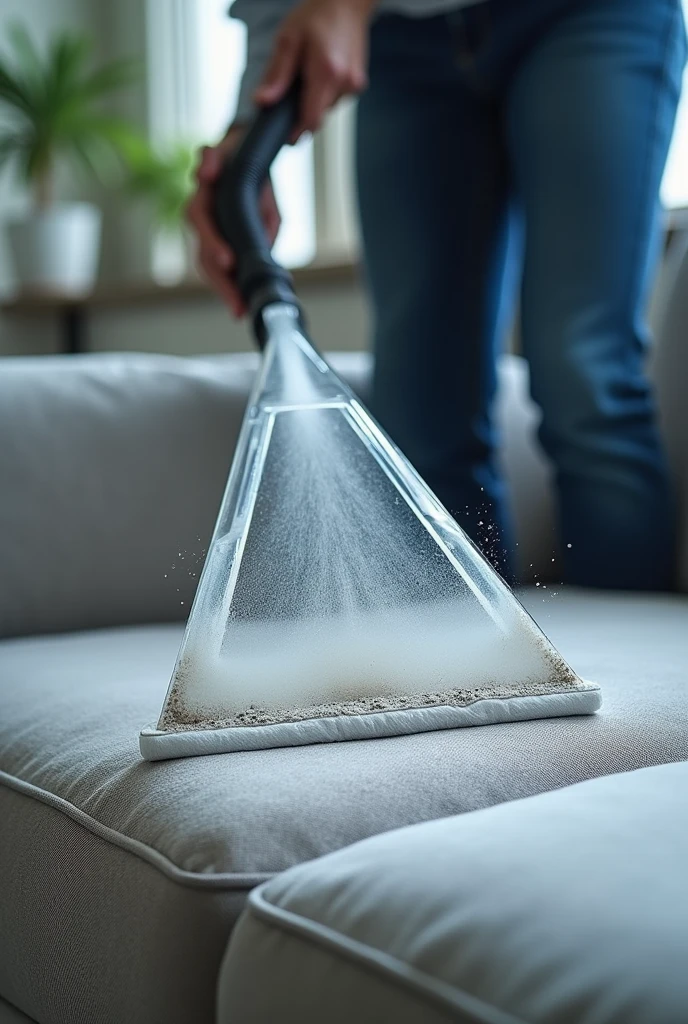 professional cleaning machine extractor jet passing the triangular jet of the machine in contact with the sofa. the angular nozzle is transparent and you can see the dirty water inside the jet nozzle rising