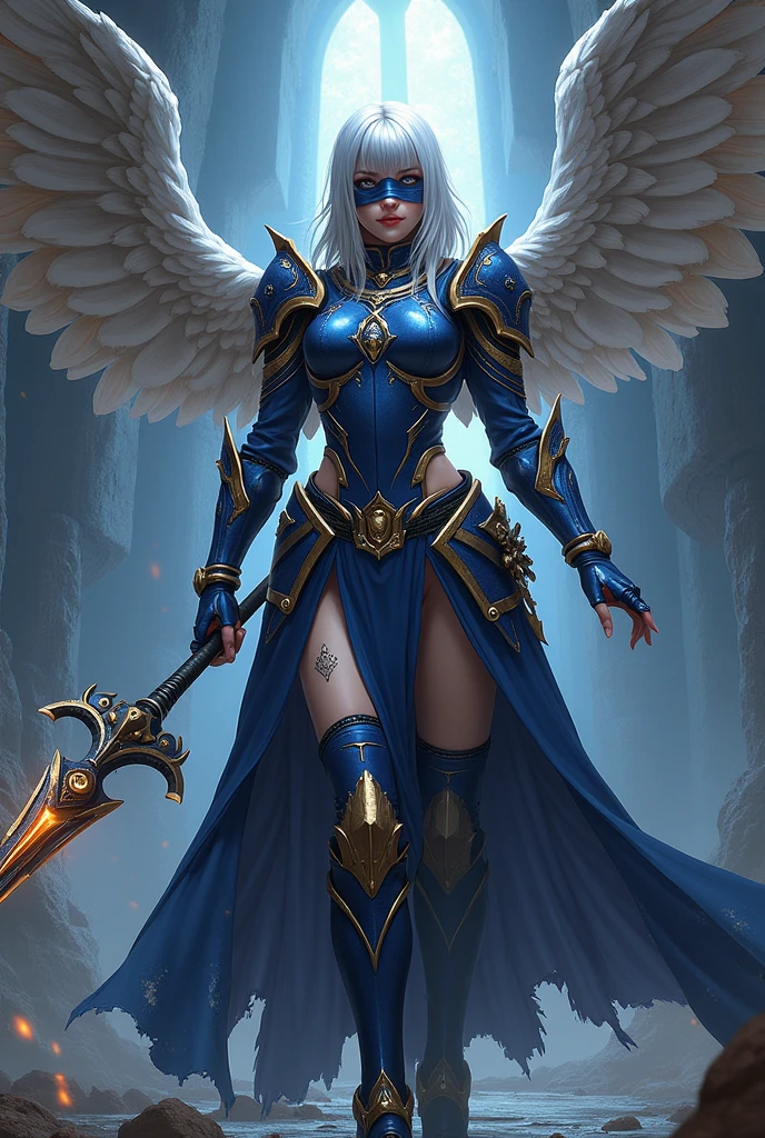 (Lenneth;2B), (merge characters "2B" and "Lenneth":1.37), solo, 1girl, BREAK: hip-length silver hair in a loose braid, (damaged armor), ((full body gold trimmed sapphire blue mechanical armor)), (boob window:1.27), (blue plate armor helmet), black blindfold covering eyes under helmet, (thigh cutouts), ((long tattered loin skirt)), heelless armored boots, gold and silver mechanical angel wings, BREAK: in fighting poses, holding spear (glows with runes:1.32), light smile, BREAK: deep dungeon interior setting, BREAK: beautiful lips, gorgeous pale skin, best hands, insanely detailed, masterpiece, best quality, sharp background details