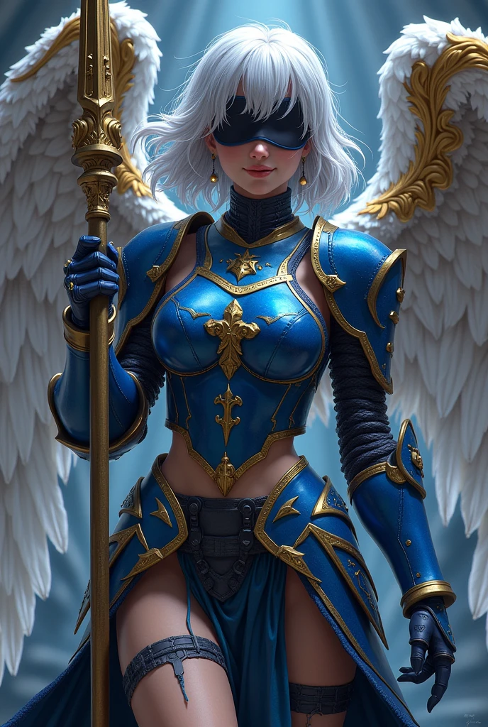 (Lenneth;2B), (merge characters "2B" and "Lenneth":1.37), solo, 1girl, BREAK: hip-length silver hair in a loose braid, (damaged armor), ((full body gold trimmed sapphire blue mechanical armor)), (boob window:1.27), (blue plate armor helmet), black blindfold covering eyes under helmet, (thigh cutouts), ((long tattered loin skirt)), heelless armored boots, gold and silver mechanical angel wings, BREAK: in fighting poses, holding spear (glows with runes:1.32), light smile, BREAK: deep dungeon interior setting, BREAK: beautiful lips, gorgeous pale skin, best hands, insanely detailed, masterpiece, best quality, sharp background details
