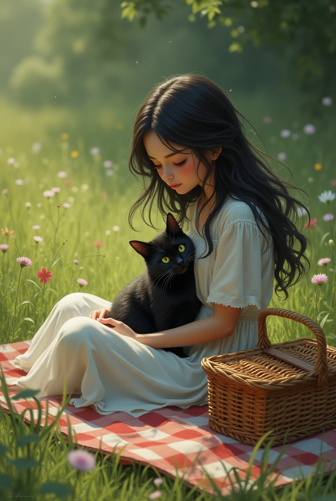 girl alone at a picknick with her black cat. she has black hair and light skin.