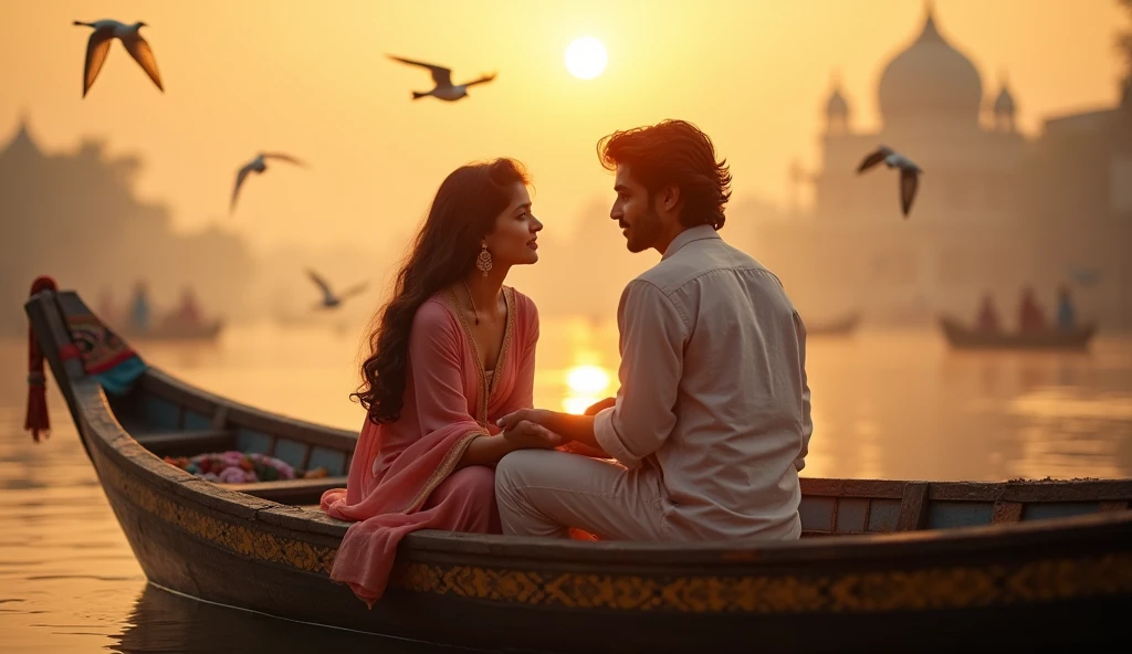 Realistic1.6 a beautiful girl with his boyfriend in ethnic ride boat in banaras ghat in morning sun glow with cinematic lights and birds flying behind them sunlight create warm tone around her vide area UHD detailed