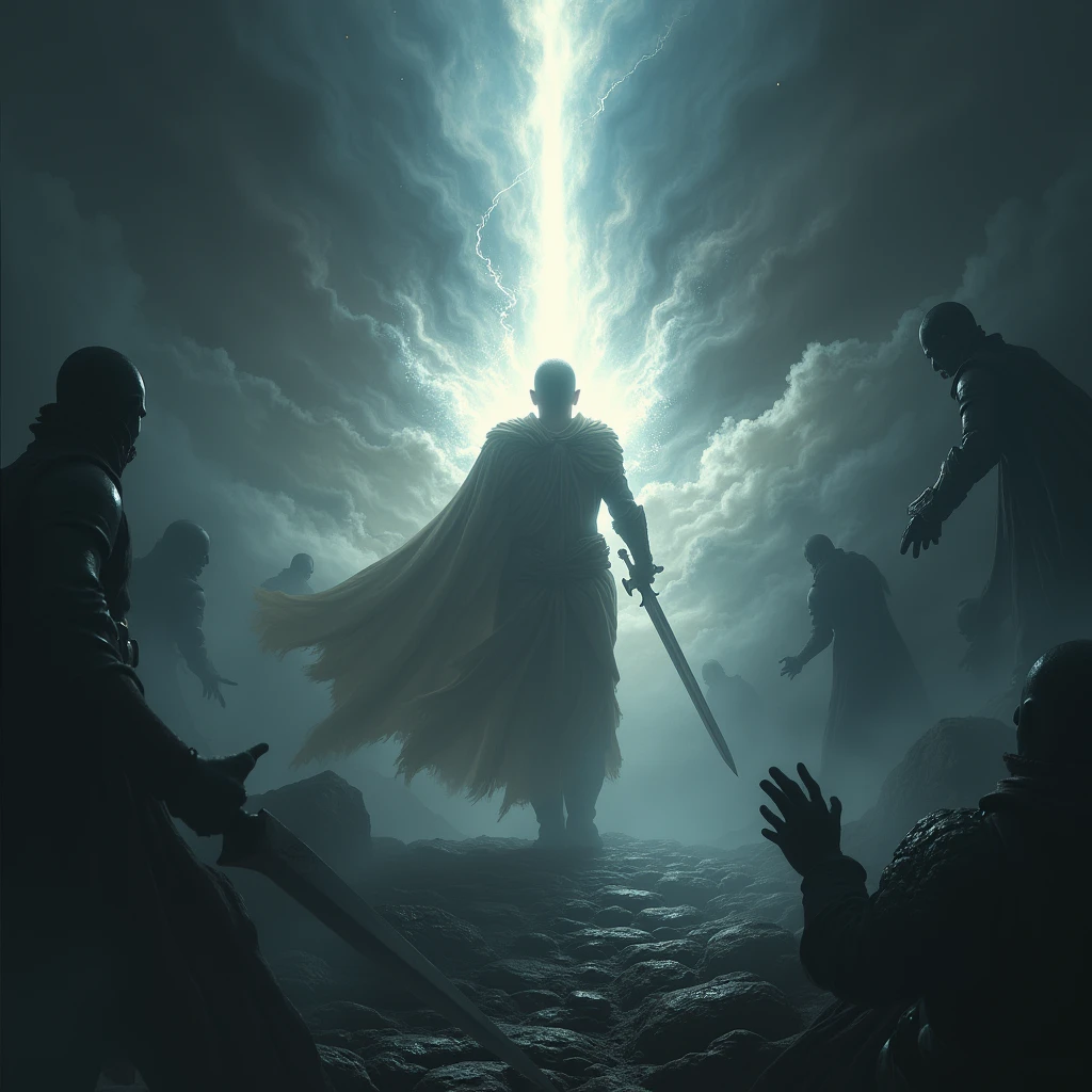 A person wielding a sword of light, battling against shadowy creatures. The person is surrounded by a protective aura, symbolizing the power of God's love. In the end, the person emerges victorious, standing triumphant over the darkness.