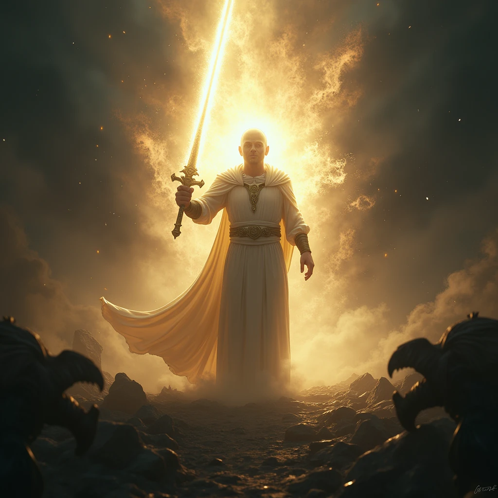 A person wielding a sword of light, battling against shadowy creatures. The person is surrounded by a protective aura, symbolizing the power of God's love. In the end, the person emerges victorious, standing triumphant over the darkness.