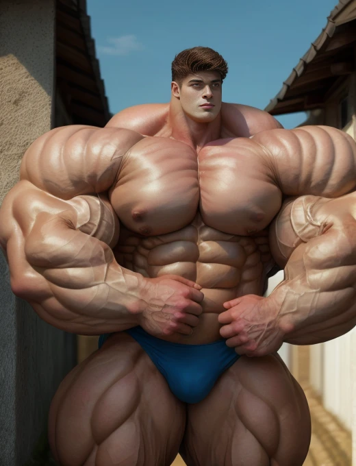 1boy, giant, asian, solo, giant bodybuilder, golden hour, strong body, bulk, large size, standing and leaning on any wall, outdoor, nude, blue triangular underwear with enormous bulge, extraordinary big, brutalmass, giant muscular body, bulk, buff, massive body, large meaty body size, extremely wide body,  tallest body