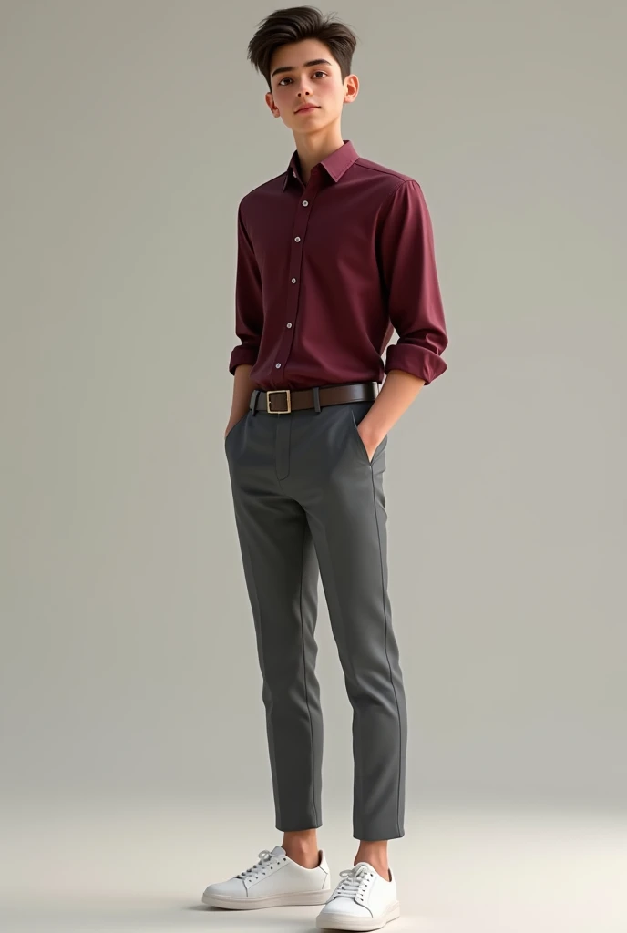 .A teenage boy In formal style maroon shirt without tuck in and fold hand sleeves grey formal pant and white sneakers 