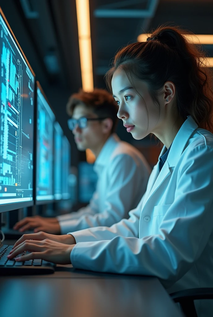a modern office environment, professionals working on ai technology, developers programming, data scientists analyzing data, new job roles in ai, 1girl, 1boy, detailed facial features, beautiful eyes, high quality, photorealistic, 8k, professional lighting, detailed textures, cinematic angles, warm color tones, advanced technology, futuristic interior design, sleek furniture, large computer monitors, complex algorithms, big data visualizations