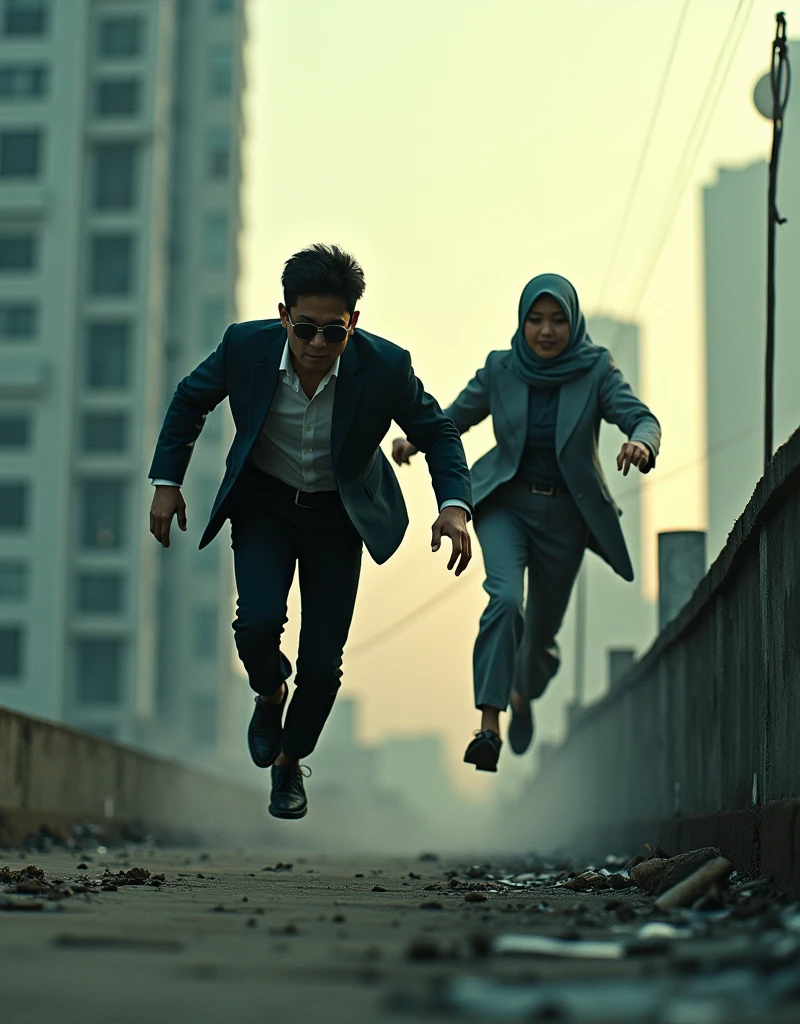 Create a film still with a indonesian young man sunglasses with indonesian girl hijab, glasses leaping across a rooftop in a high-octane action scene, reminiscent of 'Mission: Impossible.' Use a wide-angle lens and intense lighting to capture the tension and excitement, photo taken using Panavision DXL2, 28mm lens, Establishing shot, muted color grading, cinemascope, drama, high quality, ultra detailed, 8k resolution, hyper - realistic photography,