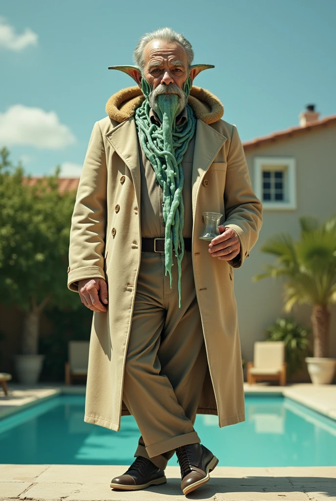 a stout old man as a ((azathoth astronomer)) with ((chignon cut hair)) as a ((gelatinous horror dripping alien creature)),dressed in fur-lined hood,beige coat,texture-soft,outdoor setting,blue sky,swimming pool,lush plants,sunny day,standing,leaning on wall,holding glass,crossed legs,eye-level shot,shallow depth of field,blurred background,hyperrealistic Lithography art by Pascal Campion