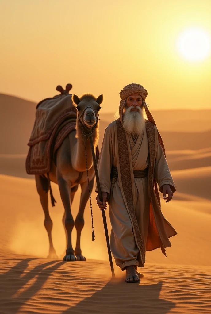 "An elderly religious man from ancient times, walking beside a camel in a vast desert. The warm glow of the setting sun bathes the scene in a golden light, highlighting the spiritual and serene atmosphere."