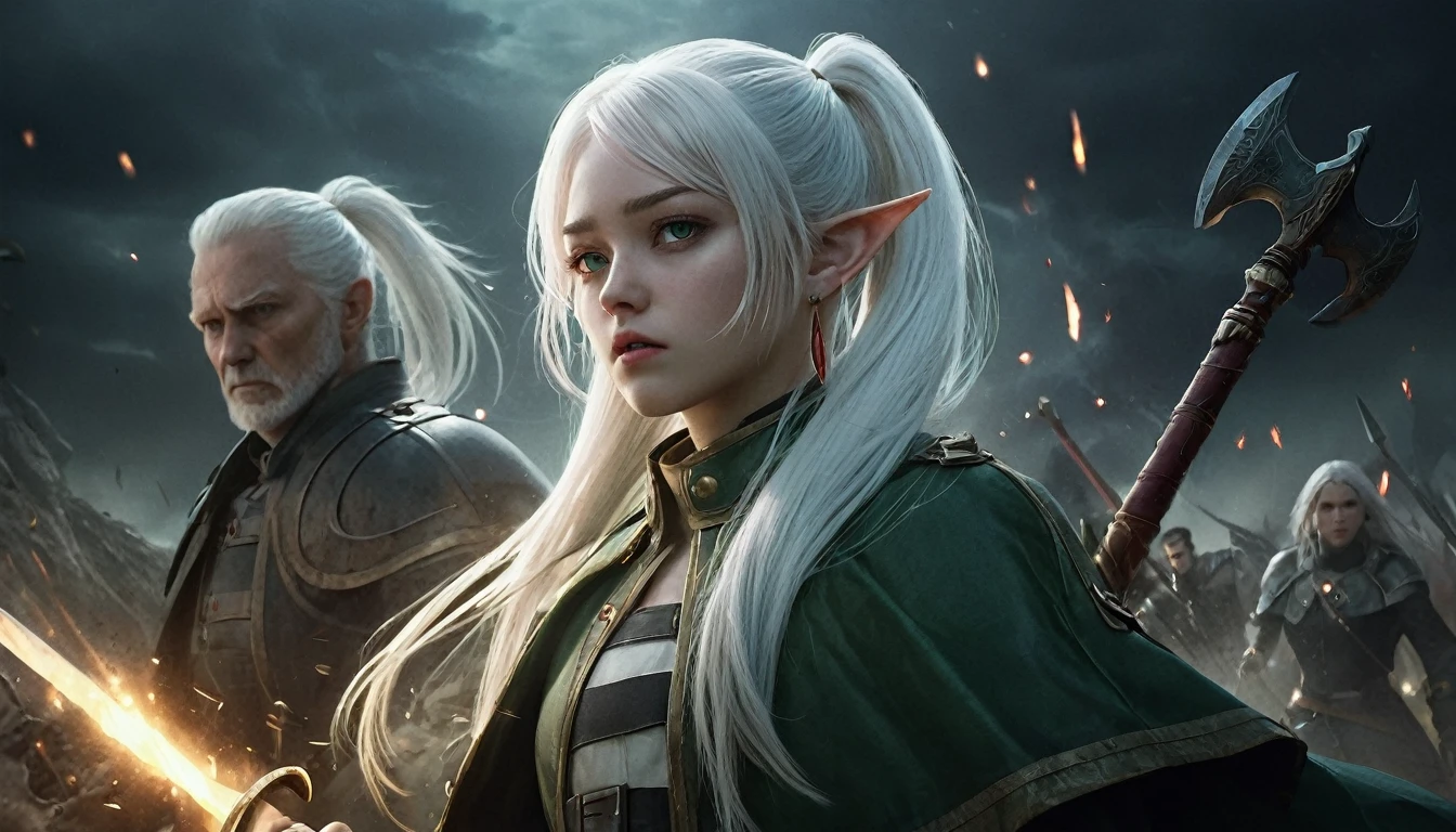 Epic battle scene, photoreal, fantasy, 4 characters, 1 girl with white hair, long hair, twintails, pointy eyes, green eyes, white caplet, jewelry, earrings; 1 tall man with sword, 1 old man with staff, 1 dwarf with axe; bright flash of light in the background; silhouettes disappearing into light, Frieren watching in sadness, ruins of battlefield, dark skies clearing, emotional and dramatic lighting, realistic skin and textures, ultra-detail.